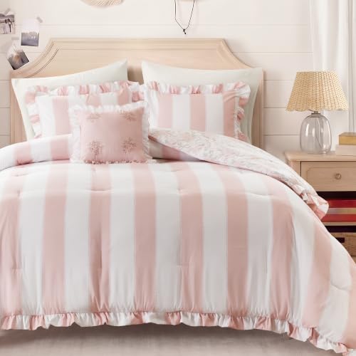Pink Floral Comforter Set Full/Queen - 4 Piece Bed Bedding with Ruffle Edge & Reversible Floral Design