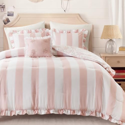 Pink Floral Comforter Set Full/Queen - 4 Piece Bed Bedding with Ruffle Edge & Reversible Floral Design