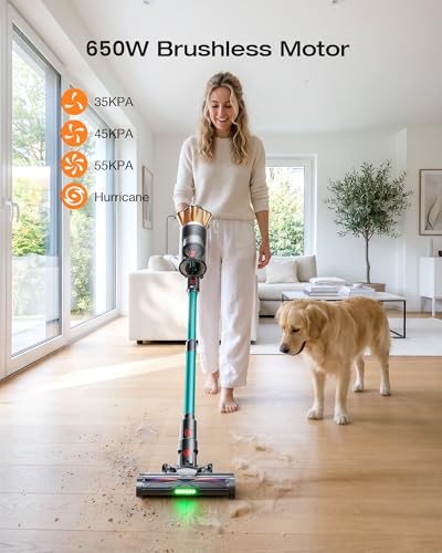 Green Cordless Vacuum Cleaner 60Kpa 650W Stick Vacuum for Pet Hair & Carpets