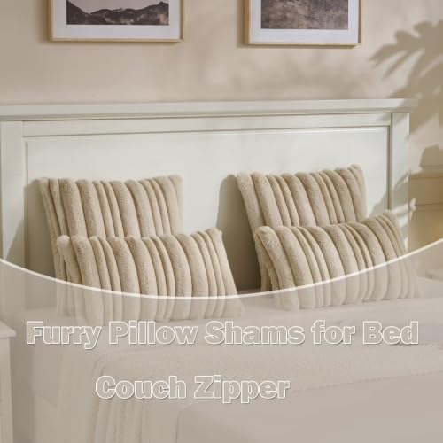 2 Pack Beige Faux Rabbit Fur Throw Pillow Covers 12x20 Inches - Cozy Home Decor