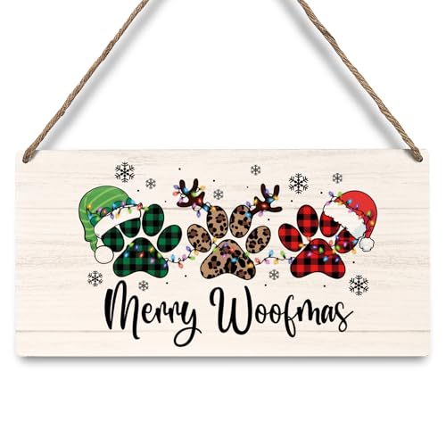 Merry Woofmas Dog Paws Christmas Door Sign Outdoor Wall Decor - Dog Lover Gift