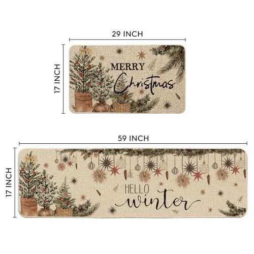 Christmas Holly Ornament Kitchen Mats Set of 2 Beige 17x29 & 17x59 Inches