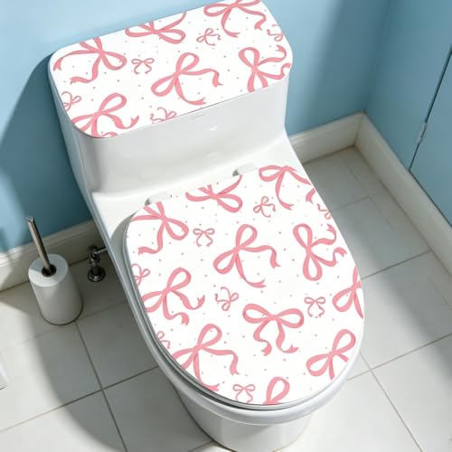 Pink Bow Toilet Lid Cover and Tank Cover Set - Stretch Fabric Bathroom Decor - Fits Round, Elongated & Oblong Toilets - 2 Pieces