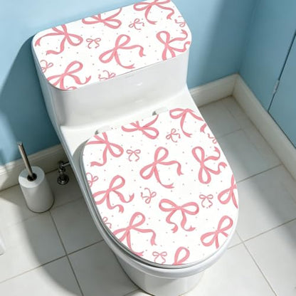 Pink Bow Toilet Lid Cover and Tank Cover Set - Stretch Fabric Bathroom Decor - Fits Round, Elongated & Oblong Toilets - 2 Pieces