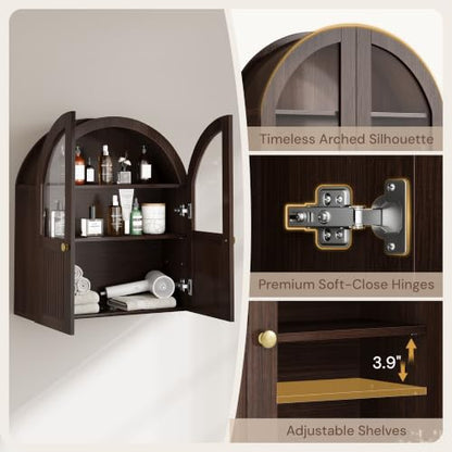 Vividwood Walnut Arched Wall Bathroom Cabinet 24x28 Inch with Glass Door & Adjustable Shelf - 1 Pack
