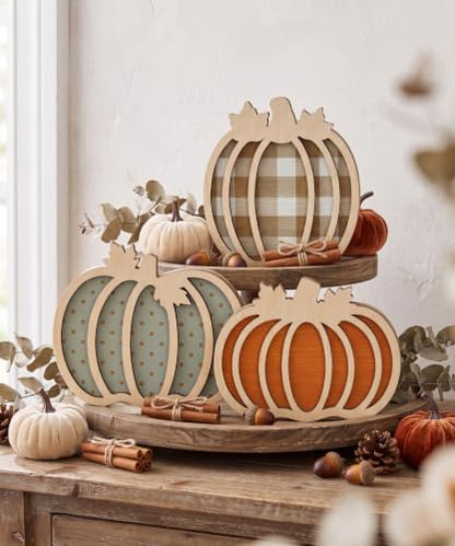 Putuo Decor 3pcs Fall Pumpkin Table Decorations - Orange Blue Plaid Variation