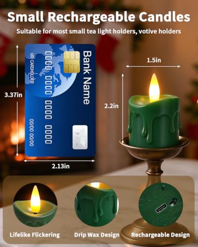 Green Rechargeable Flameless Tea Light Candles with Remote & Timer - 6 Pack