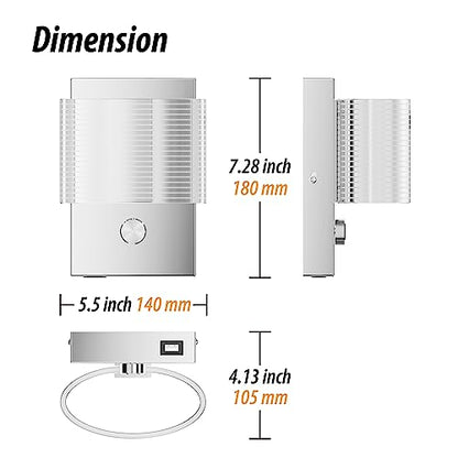 URSOLA Wall Sconce LED Wall Lamp with Dimmer Switch and USB Charging Port Oval Linear Sleek Lampshade 110 Volt Hardwired Wall Light 4000K Sconces Wall Lighting (Chrome)