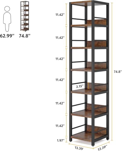 75-Inch Tall Corner Shelf with 6 Shelves Rustic Brown Narrow Bookcase