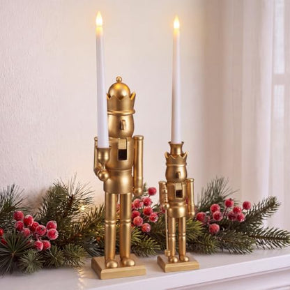 Christmas Nutcracker Candle Holders Set with LED Flameless Candles, Gold Finish