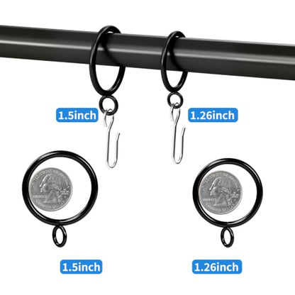 100 Pcs Black Curtain Rings with Hooks for 1.2 Inch Rod - 1.5 Inch Diameter, Black