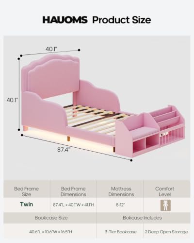 Pink Toddler Twin Bed with Montessori Bookcase Teddy Fleece & Guardrails