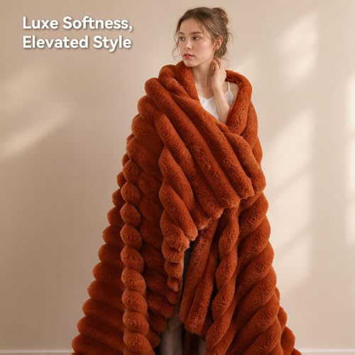 Burnt Orange Faux Rabbit Fur Throw Blanket 50x60 Fluffy Cozy Plush