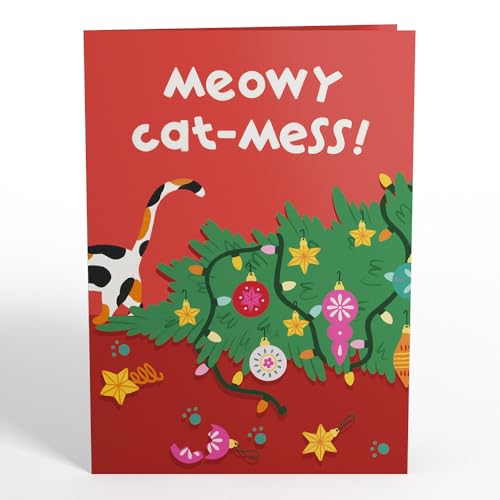 Meowy Cat-mess Christmas Pop-Up Card with Notecard & Envelope - Funny Feline Holiday Greeting