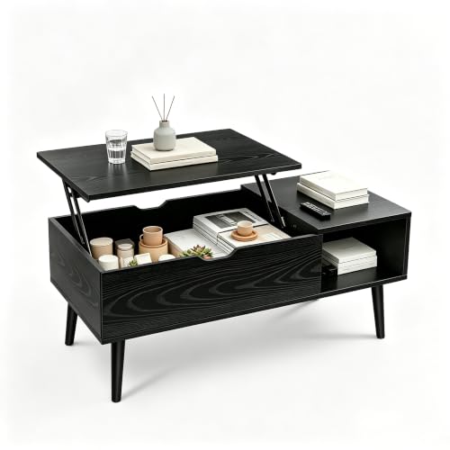 Wood Lift Top Coffee Table with Hidden Storage Shelf - Black, 39.5 In