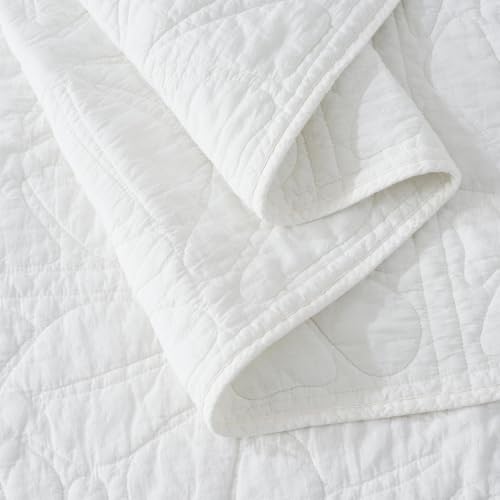 Queen Size Cotton Quilt Set with Floral Stitching - Bright White, 100% Cotton