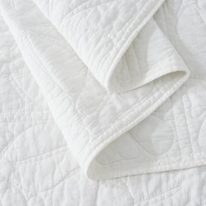 Queen Size Cotton Quilt Set with Floral Stitching - Bright White, 100% Cotton
