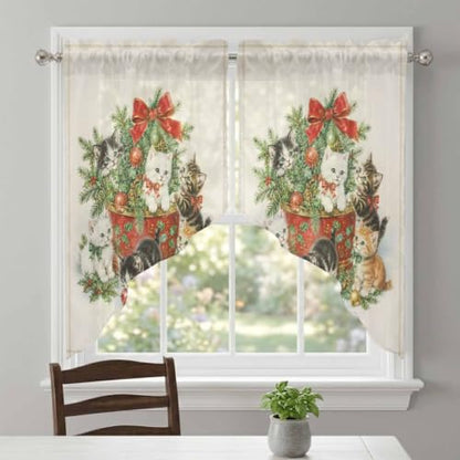Green Beige Christmas Swag Curtains 2 Panels Set 45 Inch Length Window Valance