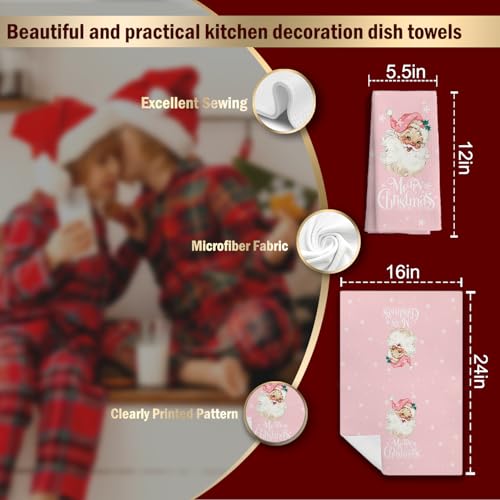 Pink Christmas Kitchen Towels Set of 2 - Vintage Pink Santa Holiday Hand Towels, 16x24 Inches - Pinksanta1-Set of 2