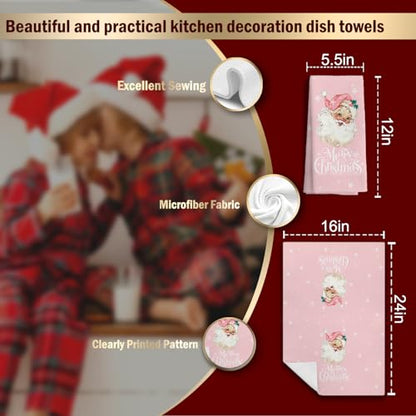 Pink Christmas Kitchen Towels Set of 2 - Vintage Pink Santa Holiday Hand Towels, 16x24 Inches - Pinksanta1-Set of 2