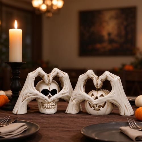 Halloween Skeleton Heart Hands Sculpture Set - Resin Gothic Decor