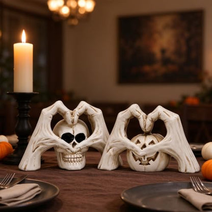 Halloween Skeleton Heart Hands Sculpture Set - Resin Gothic Decor