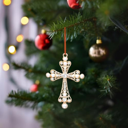 Cross2 Christian Christmas Metal Ornament with Rhinestones - Holiday Keepsake, Red Ribbon Gift Box
