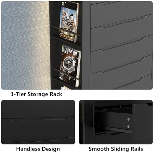 Black Tall Dresser with 3-Tier Open Shelves, Built-In Charging & LED Light — 5 Drawers