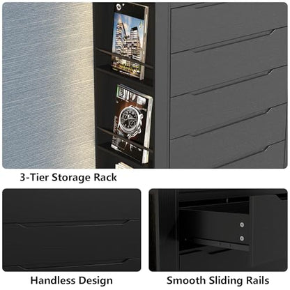 Black Tall Dresser with 3-Tier Open Shelves, Built-In Charging & LED Light — 5 Drawers