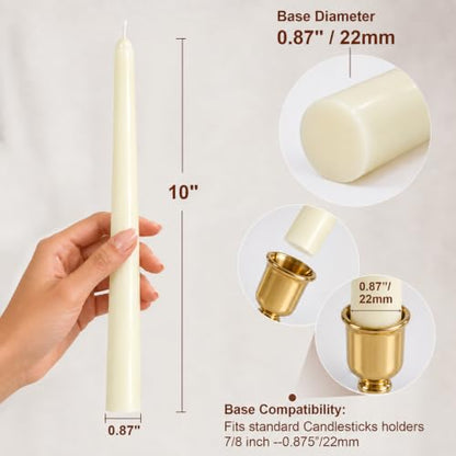 Ivory Taper Candles 0.87x10 Inch - Dripless Unscented Candle Sticks, Pack of 4