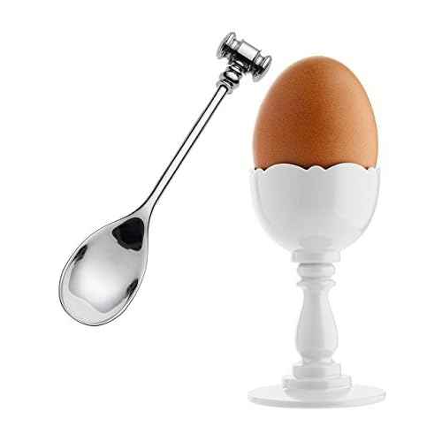 Alessi Dressed Egg Cup in Thermoplastic Resin and Spoon with Soft Boiled Egg Opener in 18/10 Stainless Steel Mirror Polished, White
