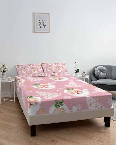 Christmas Santa Claus Xmas Tree Fitted Bed Sheet King Pink Variation
