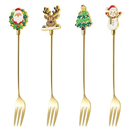 4 Pack Christmas Stainless Steel Forks Set - Gold 3-Tine Elegant Tableware for Holiday Dining
