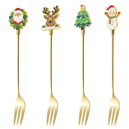 4 Pack Christmas Stainless Steel Forks Set - Gold 3-Tine Elegant Tableware for Holiday Dining
