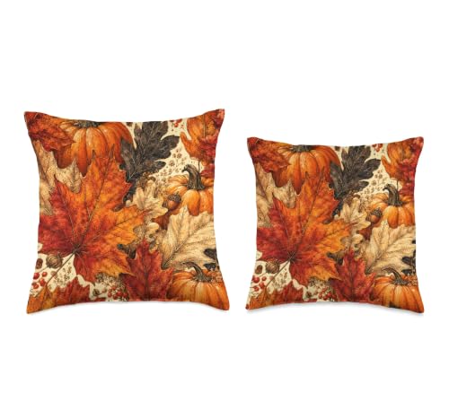Autumn Pumpkin & Maple Leaves Throw Pillow 16x16 Fall Decor