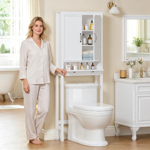 Over The Toilet Storage Cabinet with Doors and Tilt-Out Cube - White