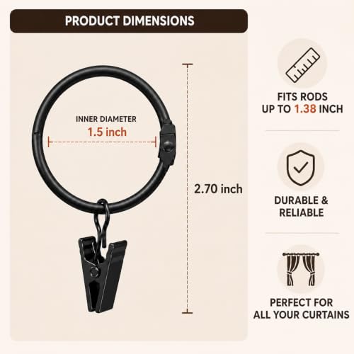 40 Pack 1.5-Inch Curtain Rings with Clips for Drapery and Clothing