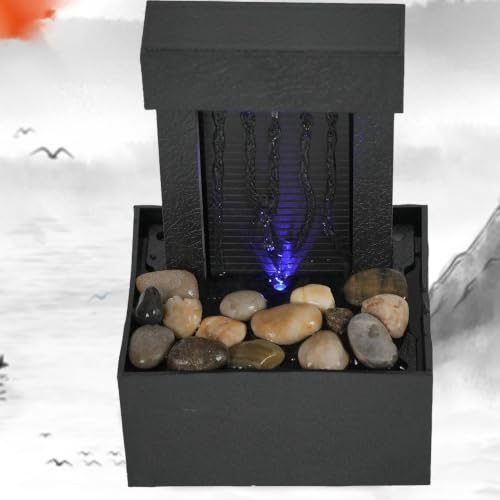 Mini Black Waterfall Fountain with LED Lights & Decorative Stones for Indoor Decor