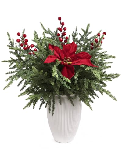 12Pcs Christmas Norfolk Pine Stems with Red Berries & Poinsettia Decorative Branches