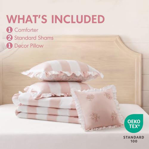 Pink Floral Comforter Set Full/Queen - 4 Piece Bed Bedding with Ruffle Edge & Reversible Floral Design