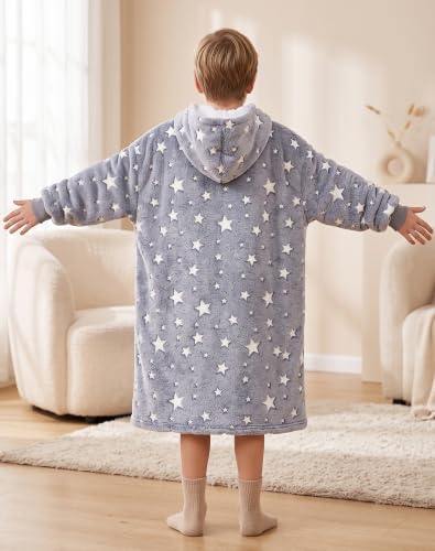 Glow in the Dark Wearable Blanket Hoodie for Kids & Adults Oversized Sherpa Fleece