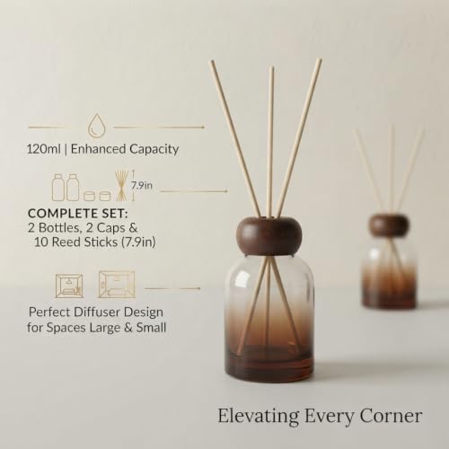 Diffuser Bottle Set with Wooden Caps - 2 Gradient Brown Glass Reeds & Sticks