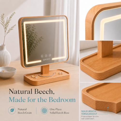 Solid Wood Vanity Mirror with Lights and Storage Tray - Rechargeable