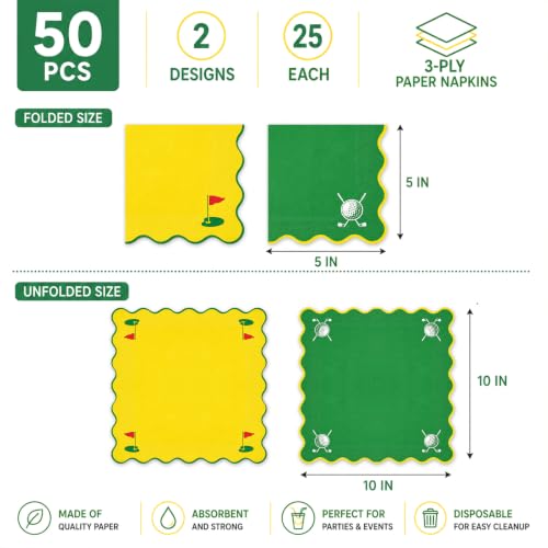 Golf Cocktail Napkins 50 Pack - Bright Yellow & Green, Scalloped 3-Ply Party Supplies