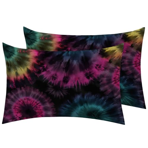 Tie Dye Pillow Cases Set of 2 - Black Teal Purple, 20x26 Inch Microfiber