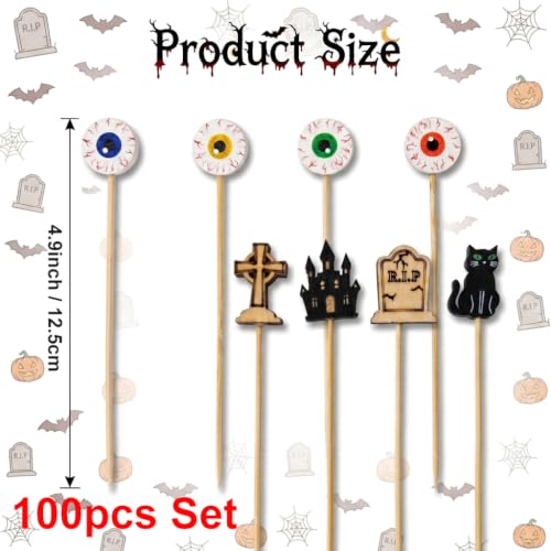 Black Halloween Cocktail Picks 100pcs Eyeball Tombstone Castle Design Party Toothpicks