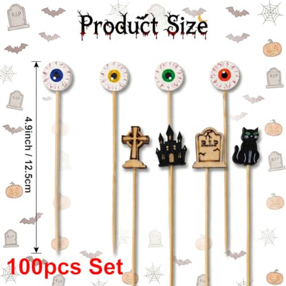 Black Halloween Cocktail Picks 100pcs Eyeball Tombstone Castle Design Party Toothpicks