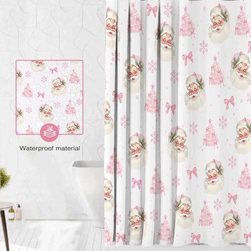 Christmas Shower Curtain Pink Bow Santa Snowflake 72x72 Inch Waterproof Holiday Bathroom Decor - Pink1
