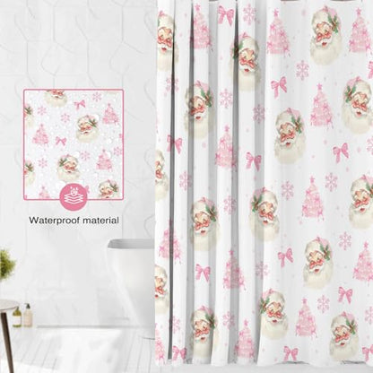 Christmas Shower Curtain Pink Bow Santa Snowflake 72x72 Inch Waterproof Holiday Bathroom Decor - Pink1