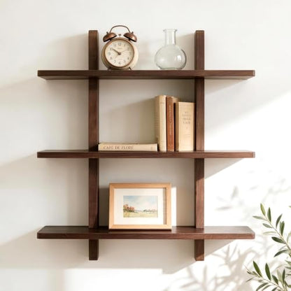 Brown 28 Inch x 31.5 Inch 3-Tier Floating Wall Shelf - Heavy Duty Pine Wood